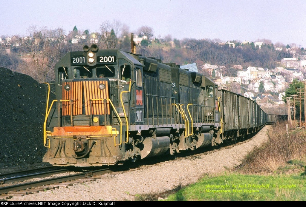 Monongahela Railway, MGA GP38s 2001 - 2003, Morgantown, West Virginia. March 21, 1986. 